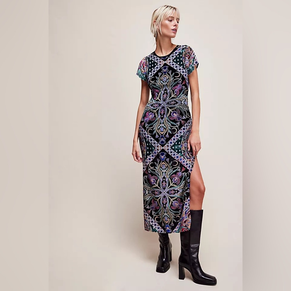 Free People Iris Maxi Dress Size Small Velvet Cutout Emerald Combo